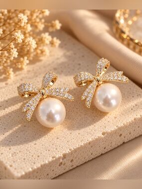 Elegant Gold Bow Pearl Earrings